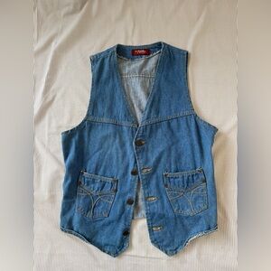 Vintage Wrangler Denim Vest Hand Painted Back Western Cowboy distressed rodeo